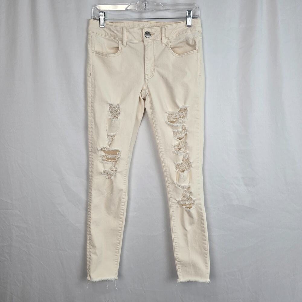 American Eagle Super Stretch Jegging Women's 6 Off White Distressed Raw Hem